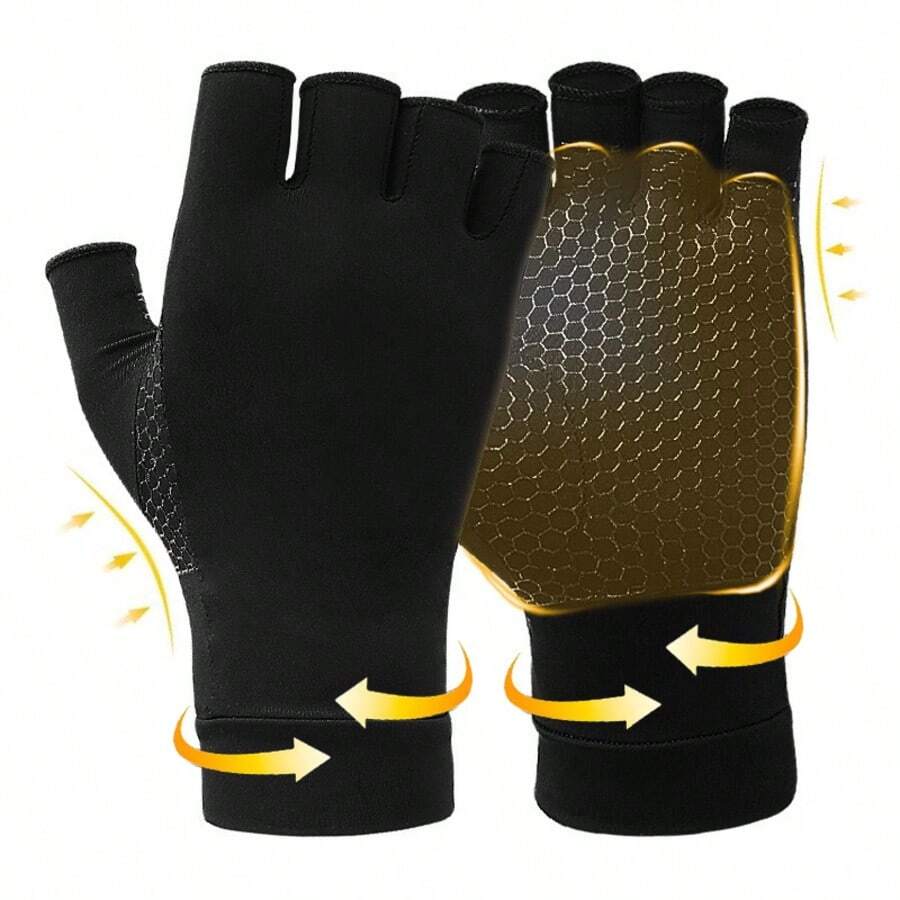 1 Par de Luvas de Compressão para Mulheres e Homens, Luvas de Fibra de Cobre de Meia Digitação, Design Anti Derrapante em Forma de Favo de Mel na Palma, Proteção Respirável para Esportes, Luvas de Proteção Macia de Punho para Ciclismo, Direção, Corrida, Levantamento de Peso, Golfe, Badminton