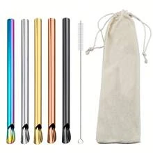 Jokipvy 5pcs Stainless Steel Straws With 1pc Cleaning Brush & Storage Pouch, 2-In-1 Straw And Spoon, Reusable Straight Drinking Straws For Bubble Tea, Milkshakes, Juice, Cocktails, Kitchen, Party, Bar Accessories
