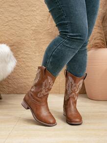 Women's Thick Heel Slip-On Embroidered Brown Western Ankle Booties, Go With Sweater Square Toe Mid-Calf Fashion Cowboy Boots, New Autumn Winter Short Shaft Riding Boots