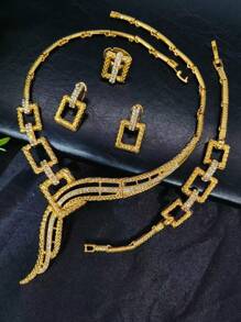 4pcs Set Fashion Women's Tasseled Sparkly Rhinestone Pendant Gold-Plated Jewelry Set, Necklace & Earrings, Suitable For Wedding, Party, Holiday Gift, African American