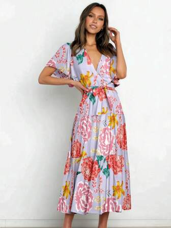 Floral Print V-Neck Short Sleeve Slim Waist Long Dress,Boho/Bohemian, Spring Or Summer Outfits For Women .