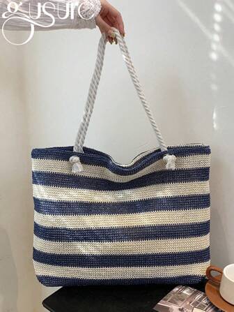 New Large Capacity Woven Stripe Straw Bag Beach Style Weaved Basket Tote For Women With Shoulder Strap Color Block Woven Straw Bag For Women, Large Capacity, Perfect For Vacation Beach & Daily Shopping, Vacation Essentials, Perfectly Matching With Beach Accessories Women