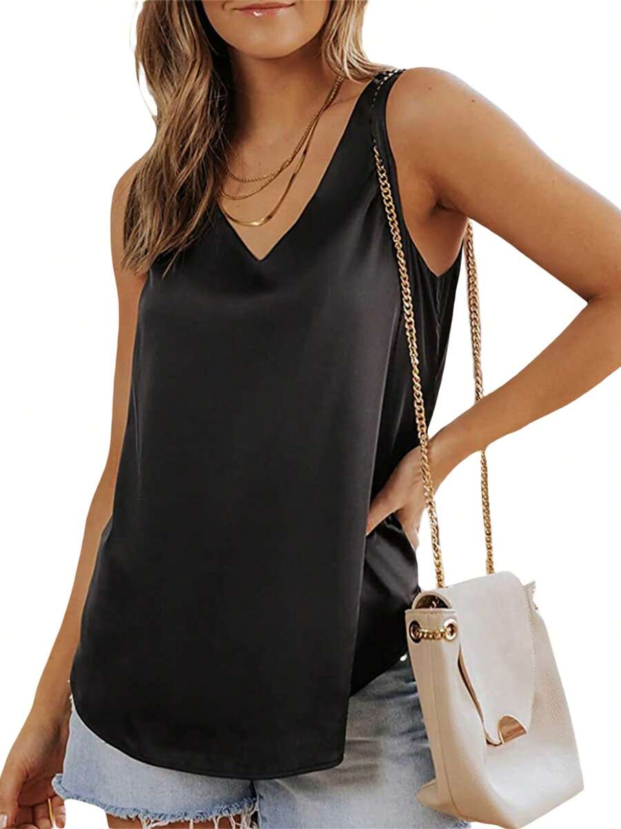 Women Elegant Satin Silk Tank Vest,Sleeveless V Neck Solid Loose Summer Ladies Tops For Casual Daily - Black - View 1