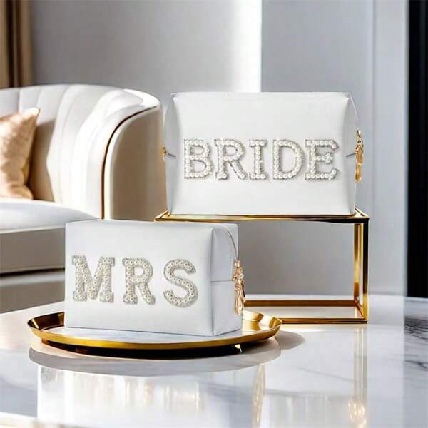 Bolsa de cosméticos de novia con letras "BRIDE MRS" de perlas, organizador de maquillaje portátil de alta calidad