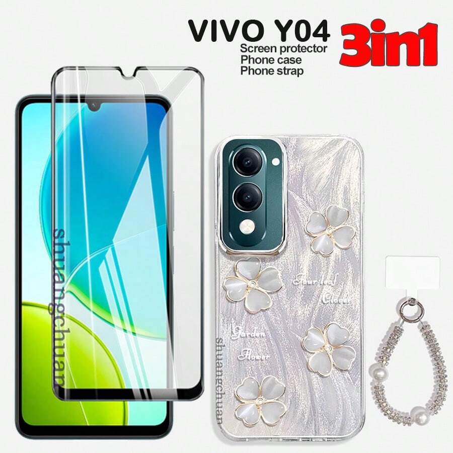 For VIVO Y04 Case Y29S 4G Tempered Glass Feathered Case Four-Leaf Clover Painted Protective Case Full-Screen Tempered Glass Pearl + Rhinestone Lanyard