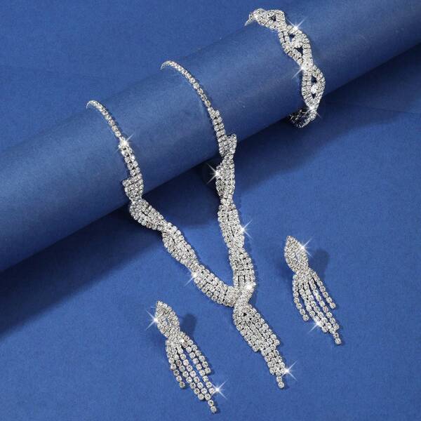 4pcs Women Jewelry Set, Claw Chain Bracelet, Crystal Necklace & Earrings, Best Gift For Friends