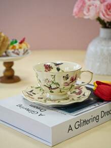 1pc Highly Attractive Ditsy Floral & Bird Motif Coffee Cup With Saucer, Vintage-Style Gold Rim Ceramic Mug, Home Afternoon Tea Porcelain Cup, Gilded Flower Tea Cup, Ideal Gift And Souvenir, Suitable For Afternoon Tea, Desserts And Gifts - Multicolor - View 2