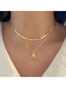 Set de 2 collares de acero inoxidable con cadena de espiga simple, cadena cortada y cadena multicapa para mujeres