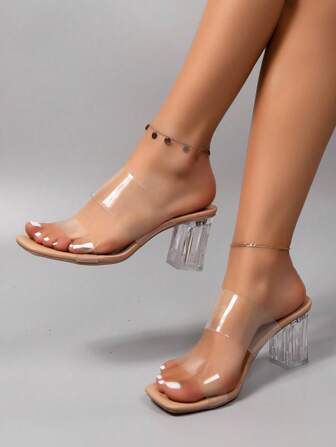 夏季新款女士透明时尚水晶粗跟凉鞋系带性感露趾高跟鞋