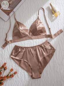 1 Set Women Plain Triangle Cup Seamless Comfortable Bra Set - Camel - View 1