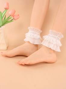 1 双女式薄款白色蕾丝边弹力腿套，适合参加宴会、婚礼、腿部/脚踝装饰、可爱洛丽塔风格、演出服装配饰