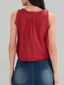 Women Lace Trim Vest Tank Tops Y2K Fairy Sleeveless Tie Button Front Sheer Mesh Crop Tops Summer Going Out Tops Cute Loose Fit Cami Shirt  Aesthetic Clothes - 紅色 - 查看 2
