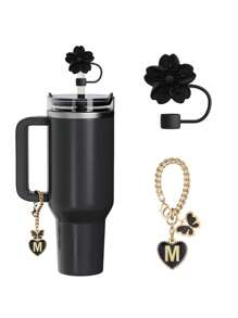 兼容 杯配件 1 件黑粉色吸管盖，用于杯吸管盖，1 件可爱心形字母和圆形字母饰物，适用于 30&40 盎司带手柄玻璃杯，字母饰物配件的长度为 3.94 英寸。个性化字母配件