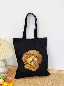Chic Poodle Print Linen Tote Bag, Reusable Printed Women'S Tote Bag, Double Handle Shopping School Bag, Large Capacity Shoulder Bag, Casual Tote Bag, Christmas Storage Bag, Suitable For Commuting, School And Shopping, Convenient For Outdoor Use, Gift For Friends And Besties, Teacher Gift, Perfect Choice For Vacation And Festival, Best Teacher Christmas, Thanksgiving Gifts