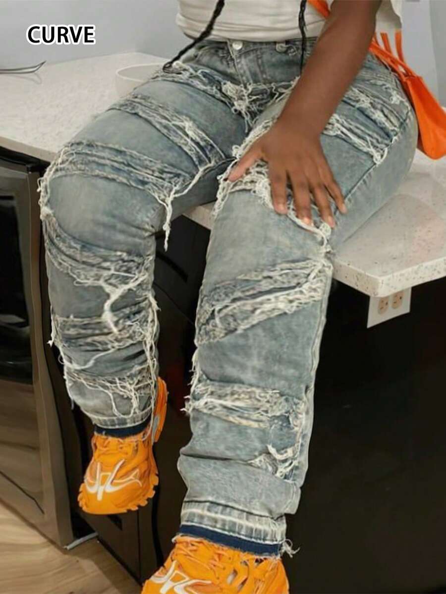 Vintage Distressed Straight Leg Jeans, Washed Skinny Plus Size Women Denim Pants, Streetwear Style, Suitable For Spring And Autumn Casual - Medium Wash - View 1