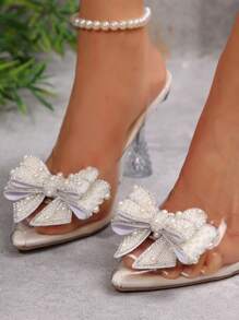 Women's Summer New Pearl & Rhinestone Bow Transparent Pointed Toe Stiletto High Heel Sandals, Elegant Transparent High Heels For Wedding Party - Clear - View 8