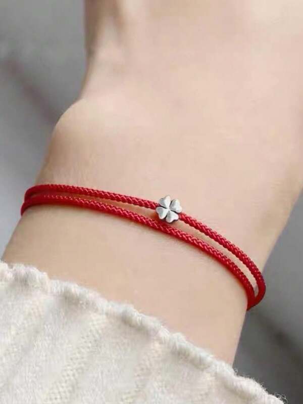 1 pieza Brazalete trenzado de cuerda roja con trébol de cuatro hojas, adecuado para uso diario