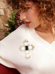 Fashionable Rhinestone Cross Brooch For Women Dress Suit Pin Accessories Party Banquet Gift