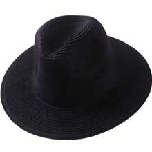 1pc Plaid Casual Straw Solid Sun Hat, Breathable UV Protection Weaved Beach Hat For Men & Women, Suitable For Summer Outdoor Travel - Black - View 9