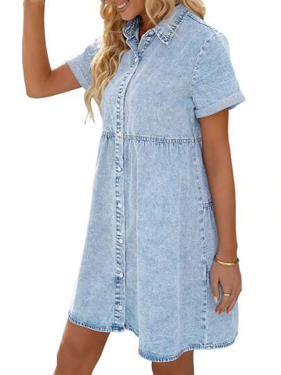 Women's Short Sleeve Buttons Denim Shirt Dress Casual Lapel A-Line Tunic Jean Dress