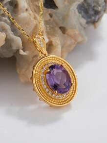 1pc Exquisite Vintage S925 Silver 18K Gold Plated, Meticulously Inlaid February Amethyst Crystal Pendant Necklace, Suitable For Women To Wear On Festivals And Parties, Comes In A Delicate Gift Box - Gold - View 7