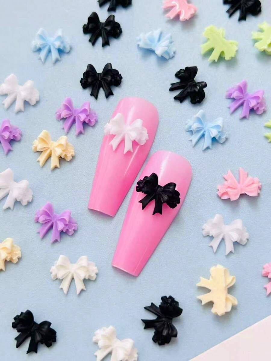 1 Bag Of 30 Resin Ribbon Bow Nail Accessories, 3D Colored Lace Style Design Bow Bow Fashionable And Simple Nail Art Style, Summer Women's Nail Decoration DIY Handmade Art Supplies, Green Matched With Multiple Colors Mixed Randomly In Packaging