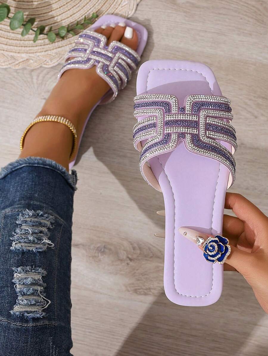 Women's Rhinestone Embellished Luxury Flat Slide Sandals, Fashion Casual Strap Outdoor Slippers For Spring/Summer, Comfortable Flat Heel Round Toe Beach Shoes - Purple - View 1