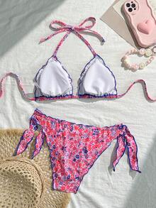 Women's Cute Floral Lace Pleated Bikini Two Pieces Set, Suitable For Summer Island Vacation Swimming