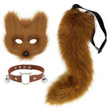 Faux Fur Fox Mask Wolf Cat Fluffy Tail And Leather Necklace Set Halloween Cosplay Party Costume Accessory, Rave - Multicolor - View 15