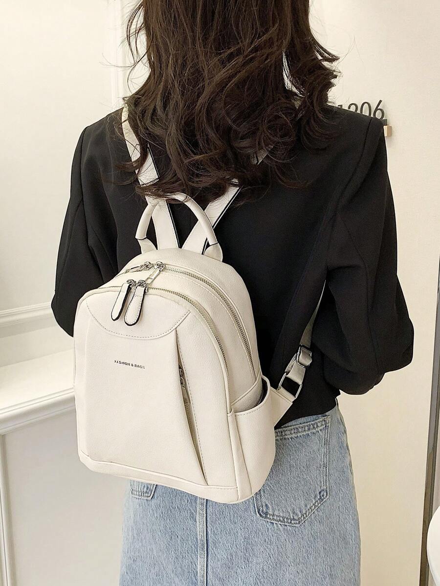 LECEY Women's Large Capacity Letter Pattern Backpack, Minimalist Design, Back To School, School Essential Stuff For Women, Girls & Students, Perfectly Matching With Backpack Accessories, Preppy Backpack For School - Beige - View 1