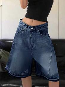 Women's Casual Washed Loose Pocket Rib Detail Mid-Length Denim Shorts