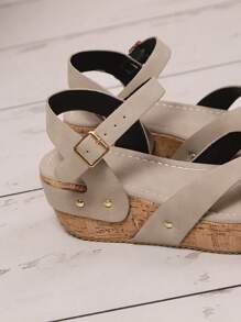 [Bộ sưu tập mới Xuân/Hè 2026] Sandal đế xuồng cao gót kiểu La Mã La Mã Y2K Châu Âu & Mỹ, chất liệu cork mềm mại, quai xỏ ngón, khóa cài đơn dành cho nữ. - Xám - Xem 7