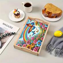 DIY Diamond Painting Kit With Tray, Luxury Rainbow Butterfly Design - Asymmetrical Acrylic Diamonds, Cartoon Theme Wooden Craft Tray Suitable For Family Gatherings, Breakfast Decor, Coffee, Tea, Storage, Party Supplies, Home Decor
