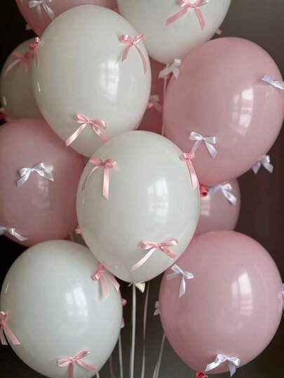 92pcs/Set White And Pink Latex Balloons With Bow Tie Combination, Can Be Paired With Simple Bohemian Style Ribbon Decorations, Suitable For Birthday, Wedding, Party, Gender Reveal Party, Hawaiian Theme Party, Baby Shower And Various Party Decorations