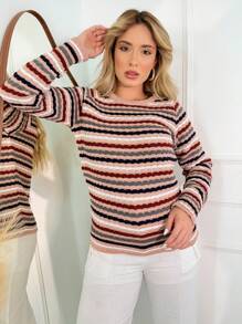Colorful Blouse With Chic Knit, Long Sleeves - Nude - View 1