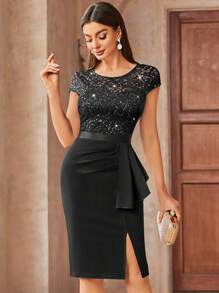 Vestido ajustado elegante con bloqueo de color, encaje, lentejuelas, parches y volantes, vestido de mujer semi-formal adecuado para cóctel, vacaciones, ceremonia de graduación, cena de gala y otras ocasiones - Negro - Ver 4