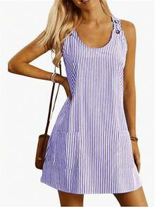 Fashion Me Sleeveless Suspender Fitted Casual Minimalist Everyday Commute Home Wear Spring/Summer Lightweight Digital Print Striped Round Elegant - Blue - View 3