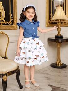 2pcs/Set Young Girl Casual Butterfly Print Dress + Fashion Cap Sleeve Collar Blouse