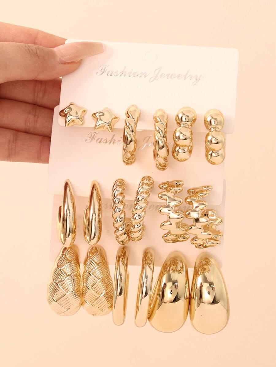 玫瑰金几何耳环套装，适合日常佩戴