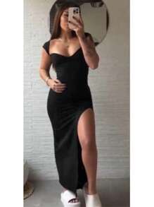 Long Muse Dress With SlitSimpleElegantSide SlitPleated - 黑色 - 查看 6