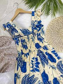 vestido longo ESTAMPA com forro com bojo tecido CREPINHO bonito fashion - Azul Empoeirado - Visão 2