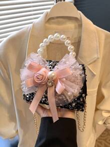 1pc Style Children'S Bag Fashionable Sequins Beaded Small Square Bag Bow Princess Girl Crossbody Coin Purse Children'S Bag New Bow Sequins Pearl Handbag Girl Princess Chain Crossbody Bag Accessories Bag Is Very Suitable As A Surprise Gift For Children - Pearl Handbag - View 8