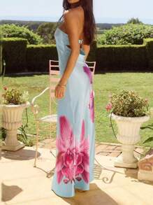 Strapless Maxi Tube Dress For Women Yellow Floral Print Backless High Waist Beach Long Dress Off Shoulder Bodycon Dress Spring Summer Vacation Beachwear Party Outfit - 藍色 - 查看 3