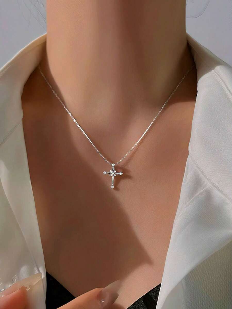 1pc S925 Sterling Silver Cross Pendant Niche Luxurious Necklace, Delicate Collarbone Chain, Gentle Style Daily Wear Gift - Cross - View 1