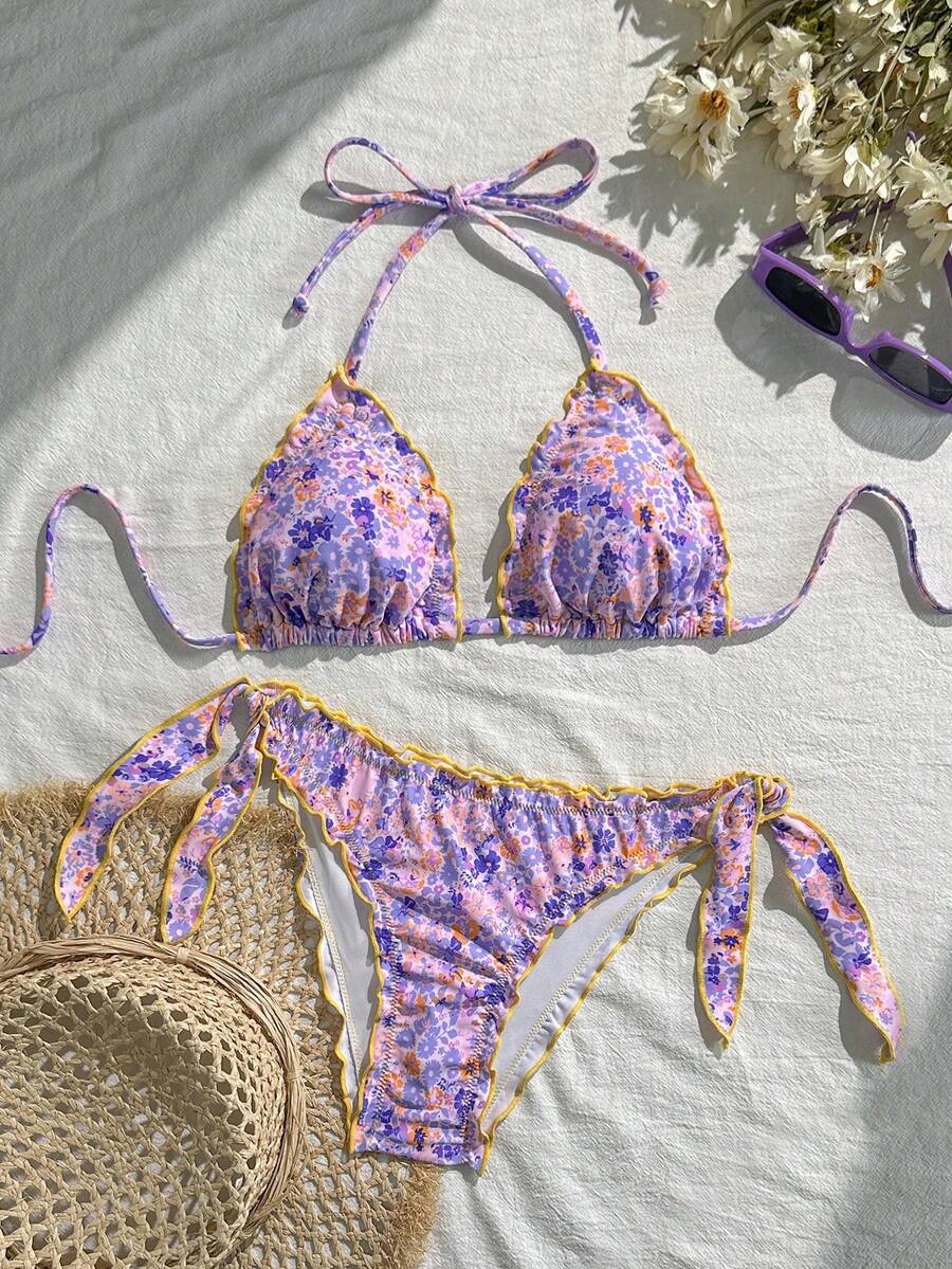 Damen süßer Blumen-Spitzen-Rüschen Bikini 2-teiliges Set, geeignet für Sommer Insel Urlaub Schwimmen - Verschiedenfarbig - Übersicht 1