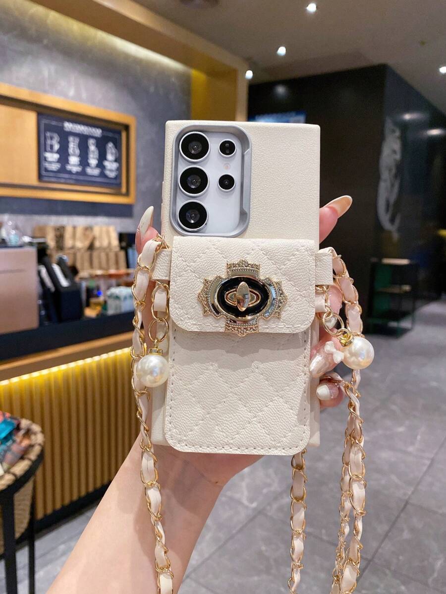 皮革珍珠卡包手机壳套装,时尚单肩/斜挎米色仿皮仿珍珠链条钱包/卡包及仿皮手机壳,兼容三星、红米、OPPO、vivo等品牌,防水防震防摔防刮,国际版,非国内版,春季派对礼物 - 米色 - 查看 1