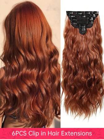 Hair Extensions 20 Inch Orange Brown Clip In Hair Extensions 6Pcs/Set Soft Wavy Curly Hair Extensions Thick Hair Extensions Clip In Hair Extensions Hairpieces For Women Full Head Clip In Hair Extension Synthetic Fiber Hair Pieces Perfect For Parties Christmas