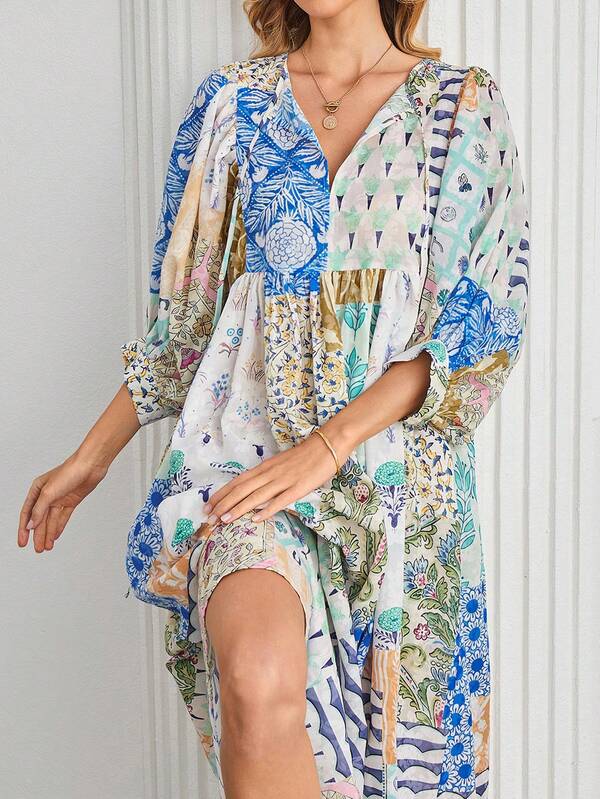 Women's Bohemian Lantern Sleeve Maxi Dress Fashion V Neck Tie Pockets Random Patchwork Printed Dress