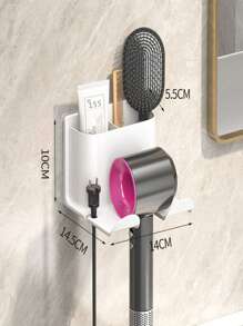1pc No-Drill Wall Mounted Dual Compartment 2-In-1 Hair Dryer Holder & Storage Rack, Bathroom Organizer