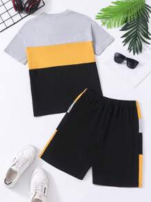 2pcs Kids Boys' Casual Cute Color Block Round Neck Short Sleeve T-Shirt & Solid Color Shorts Set, Spring/Summer - Multicolor - View 2